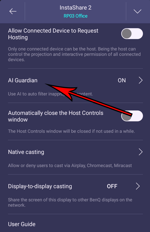 Arrow pointing at Guardian AI setting