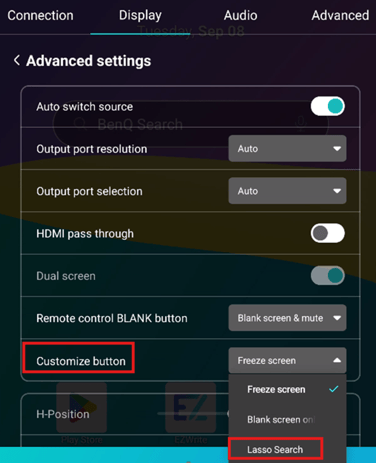 BenQ OSD Menu showing Lasso Search under Customize Button