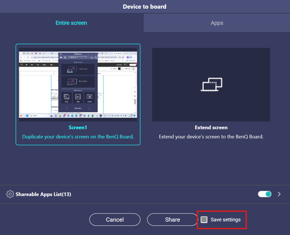 Instashare 2 Device to Board Menu showing Save Settings